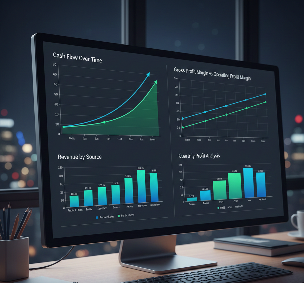 Pantalla de dashboard financiero con gráficos de línea y barras, mostrando análisis de cash flow, revenue y margen de ganancia en azul y verde