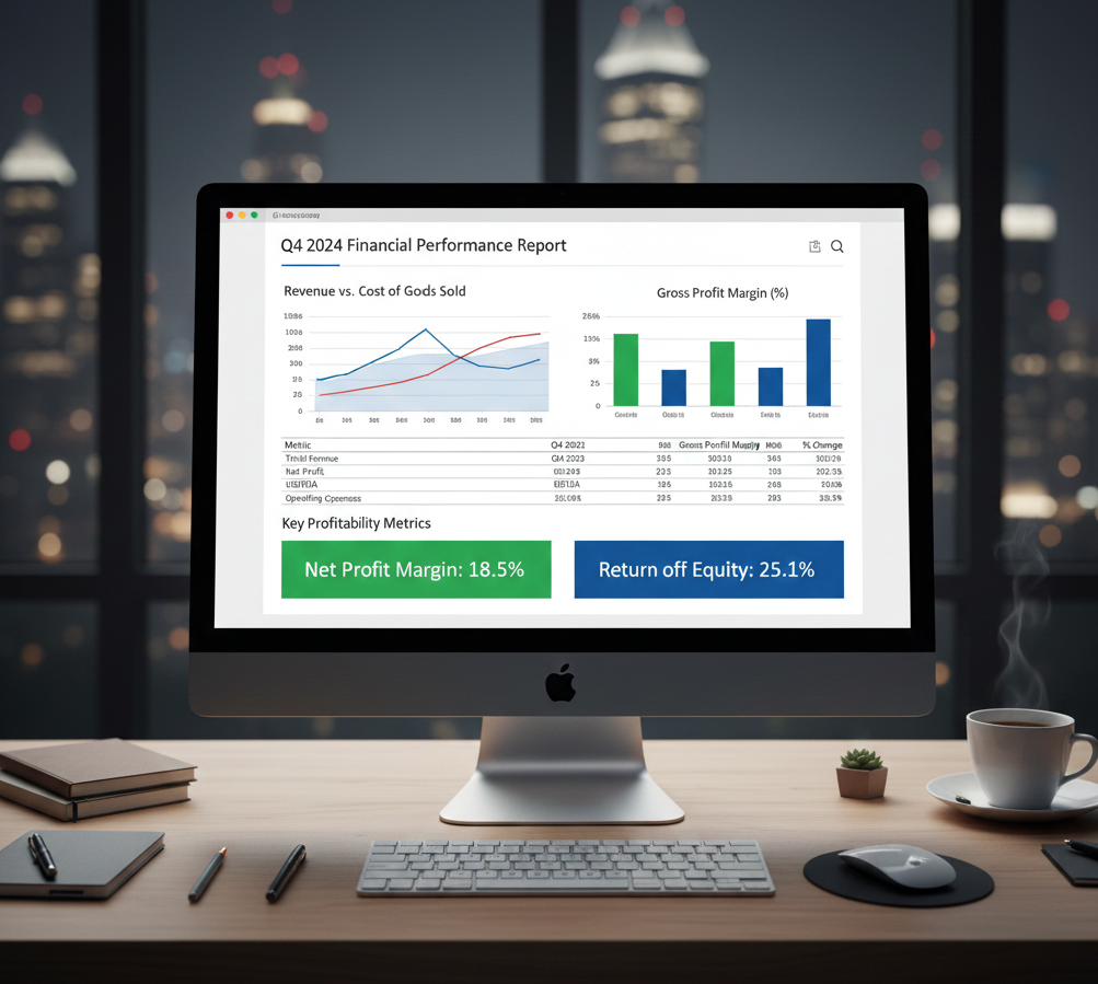 Documento de reporte financiero en pantalla con gráficos de análisis, datos tabulares y métricas de rentabilidad en formato profesional